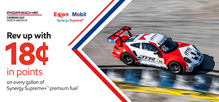 Rev up with 18¢ in points on every gallon of Synergy Supreme+ premium fuel with the Porsche Carrera Cup North America race series featuring a red and white Porsche race car on the track.